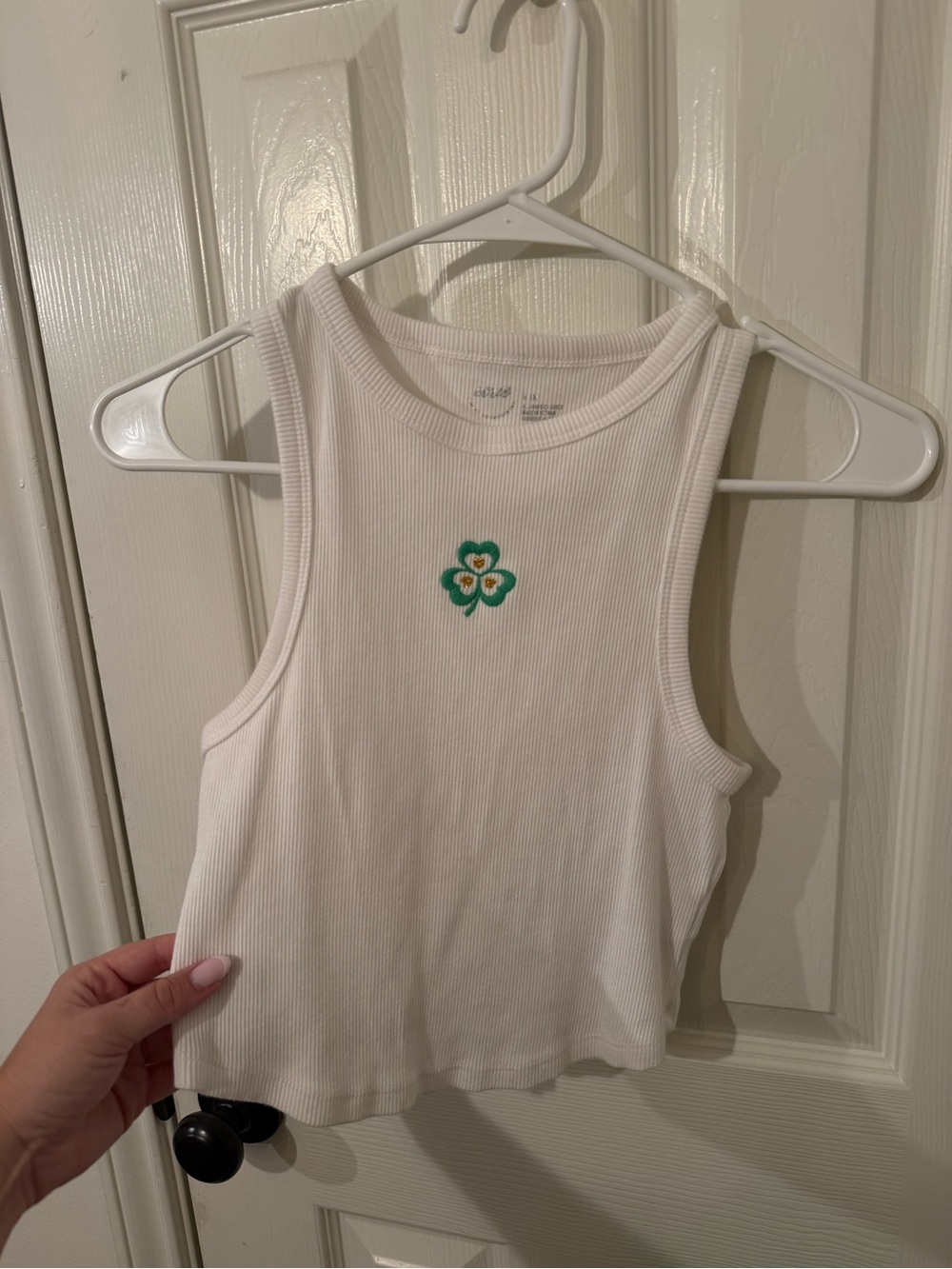 aerie White Ribbed Cropped Tank with Green Clover Patch